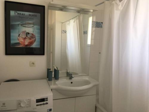 uma casa de banho branca com um lavatório e um espelho em « Les 3 Hirondelles » près des Antilles de Jonzac em Jonzac