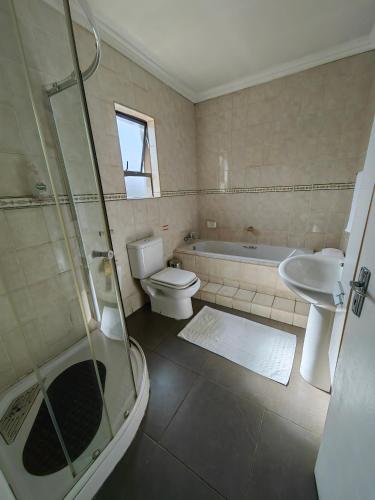 uma casa de banho com um chuveiro, um WC e um lavatório. em Leondale Guest House em Germiston