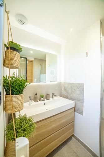 une salle de bain avec un lavabo et un miroir dans l'établissement CASA LC VILLA 2-3 pers vue mer jacuzzi, à Ajaccio