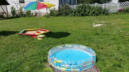 einen Pool mit Wasser und einen Regenschirm auf einem Hof in der Unterkunft Zielone Zacisze Zwola in Zwola Stara