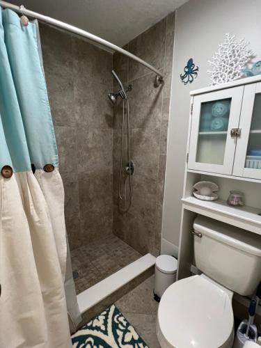 a bathroom with a shower and a toilet at TPC Sawgrass Coastal Retreat in Ponte Vedra Beach