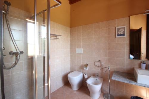 a bathroom with a toilet and a shower and a sink at Villa Diana - Pesaro mare e cultura - intera struttura con piscina in Mombaroccio