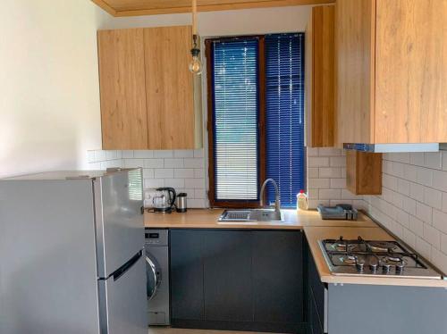 a kitchen with a stainless steel refrigerator and a sink at Racha Twins in Nikortsminda