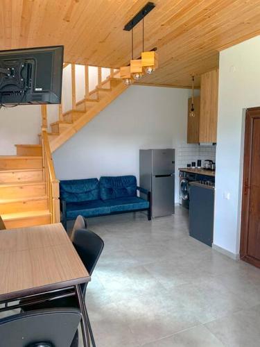 a living room with a blue couch and a kitchen at Racha Twins in Nikortsminda