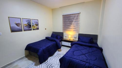 1 dormitorio con 2 camas y ventana en Montreal apartment Shobak near petra en Nijil