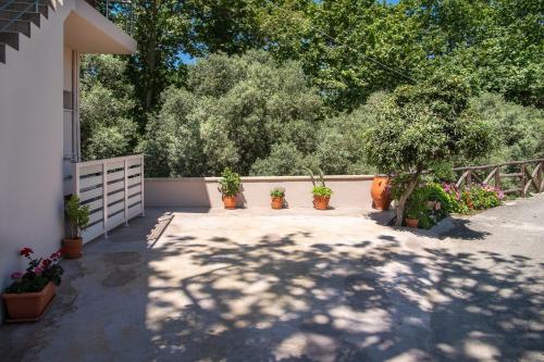 a patio with potted plants and a fence at Antartisa B&B in Límni