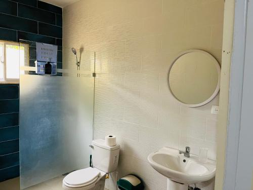 a bathroom with a toilet and a sink and a mirror at Casa Bonita Pimentel 