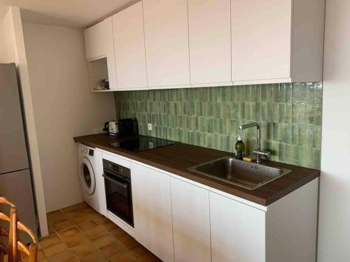 eine Küche mit einer Spüle und einer Waschmaschine in der Unterkunft Maison Gaou Benat, magnifique vue mer in Bormes-les-Mimosas
