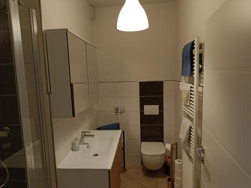 a bathroom with a sink and a toilet at FeWo Bismarck 32 - 1Raum in Stendal