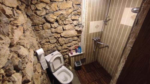 a stone bathroom with a toilet and a shower at Na krovu svijeta in Lukomir