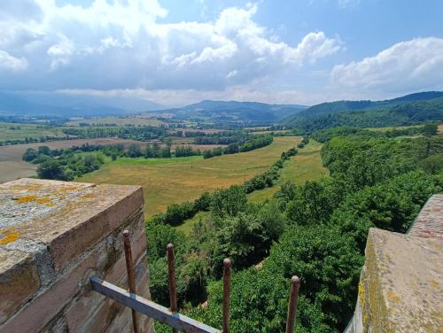 a view of a valley from the top of a castle at Castello di Baccaresca in Branca