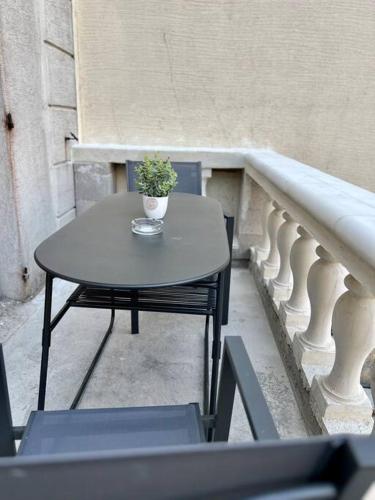 une petite table avec une plante en pot sur un balcon dans l'établissement Appartement Élégant proche RER/ CDG / Parc des Expos, à Sevran
