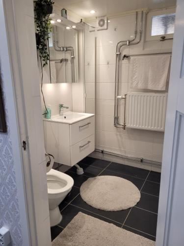 a bathroom with a toilet and a sink and a mirror at lägenhet i Borgholms villa in Borgholm