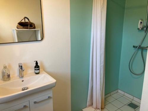 a bathroom with a sink and a shower at Villa med private værelser delt badeværelse/køkken, viby sj. in Viby