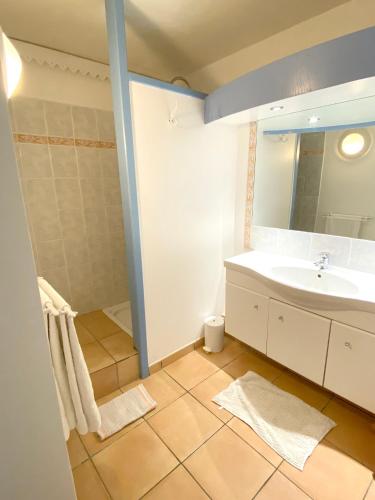 サンタンヌにあるStudio confortable à Sainte-Anne - 25 m² - parking inclusの洗面台と鏡のあるバスルーム