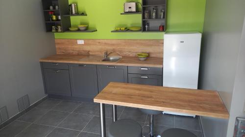 a kitchen with a sink and a refrigerator at La benvingude in Nyons