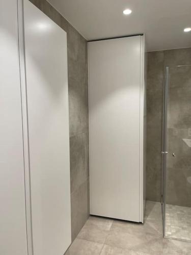 a bathroom with a shower and a glass door at Vervet apartment in Tromsø