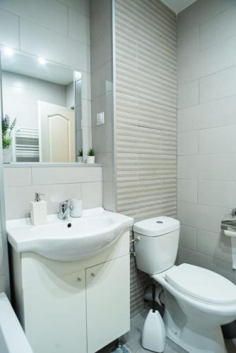 a white bathroom with a toilet and a sink at Studio Central ”Dacul” in Hunedoara