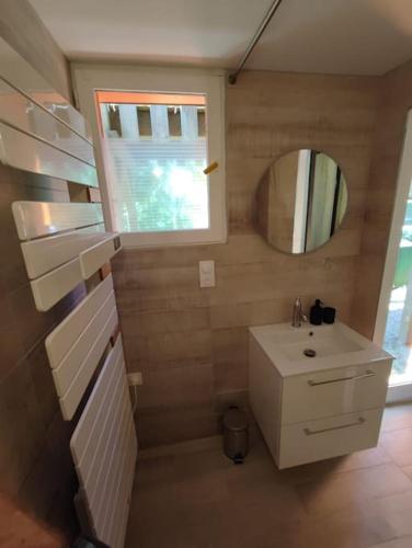 une salle de bain avec un lavabo et un miroir dans l'établissement Studio neuf au cœur de la presqu'île, à Lège-Cap-Ferret