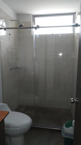 モニキラにあるApartamento Moniquiraのガラス張りのシャワーとトイレ付きのバスルーム