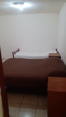 a bed in a room with a brown blanket at Departamentos La chacra in Río Gallegos