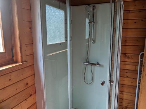 a shower with a glass door in a bathroom at Gîte Taintrux, 4 pièces, 6 personnes - FR-1-589-222 in Taintrux