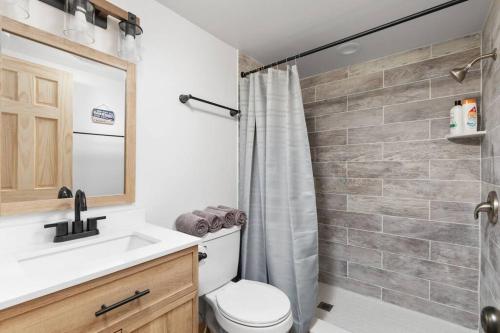 a bathroom with a toilet and a sink and a shower at Forest Ridge Cabin - Hot Tub, Wi-Fi, National Park 15 Min, Fire Pit in Elkton
