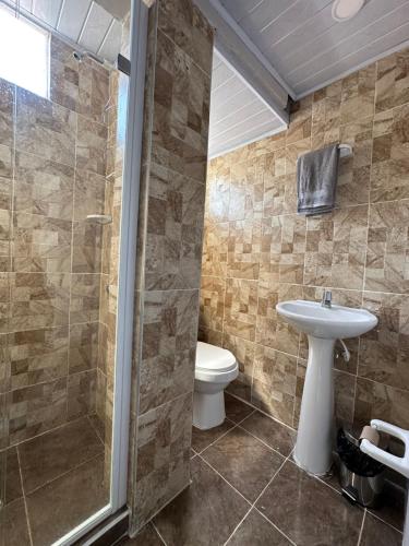 a bathroom with a toilet and a sink and a shower at Hostal Casa Jardin Cartagena in Cartagena de Indias