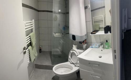 アルジャントゥイユにあるParis La Défense Arena, Stade de France, Champs Élysée Paris saint lazare, 15minの白いトイレと洗面台のあるバスルーム