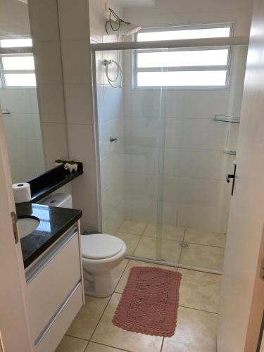 La salle de bains est pourvue de toilettes et d'une douche en verre. dans l'établissement Apartamento do Renan, à Espirito Santo Do Pinhal