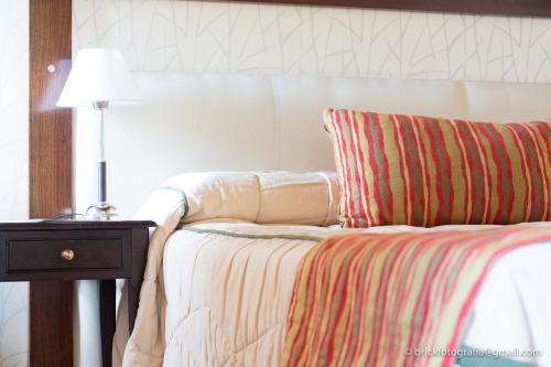a bedroom with a bed with a pillow and a lamp at Delvino Boutique Hotel in Salta
