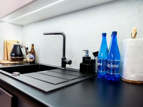 a kitchen counter with a sink and blue bottles at A comfortable apartment very close to the seaside beach, Niechorze in Niechorze