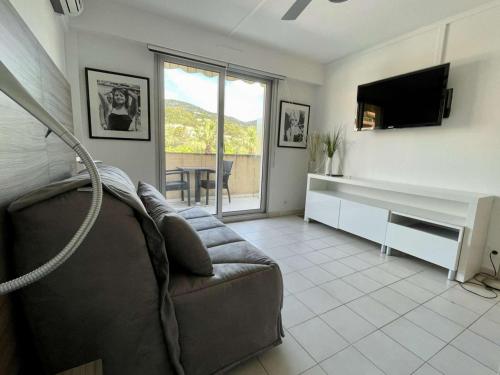 un salon avec un canapé et une télévision dans l'établissement Studio cosy à 2 min de la plage, terrasse, parking privé - Cavalaire-sur-Mer - FR-1-226B-159, à Cavalaire-sur-Mer