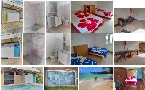 a collage of photos of a hotel room at Mara'ai le spot Tubuai, Chambre Triple Deluxe Mahu SDB Privée avec piscine in Tubuai
