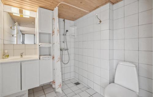 a bathroom with a shower and a toilet and a sink at Stunning Apartment In Rm With 2 Bedrooms And Wifi in Rømø Kirkeby