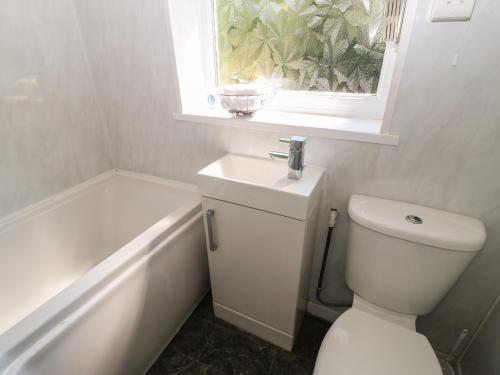 a bathroom with a toilet and a sink and a window at Hollie Cottage in Haltwhistle