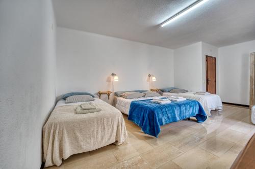een kamer met twee bedden met blauwe lakens erop bij Casa de Azzancha in Azinhaga
