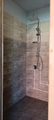 a shower in a bathroom with a wooden wall at Armenian Camp, Sevan in Artanish