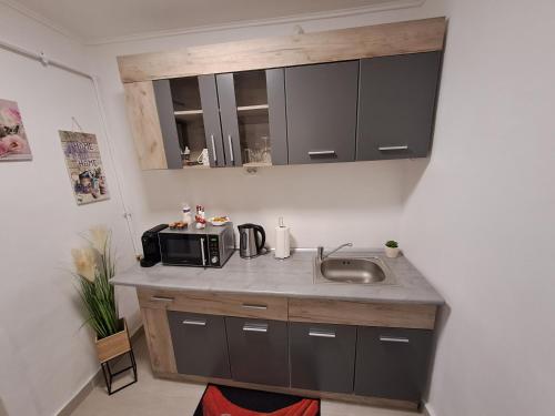 a kitchen with a sink and a microwave at Garsoniera Vivere in Sibiu