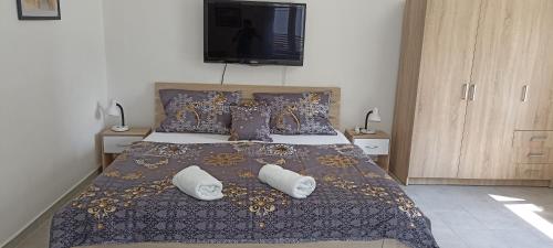 1 dormitorio con 1 cama con almohadas y TV en Apartmán GUTINO, en Česká Třebová