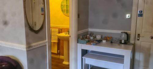 een kleine badkamer met een wastafel en een aanrecht bij Parc Lodge Guesthouse in Bridgend