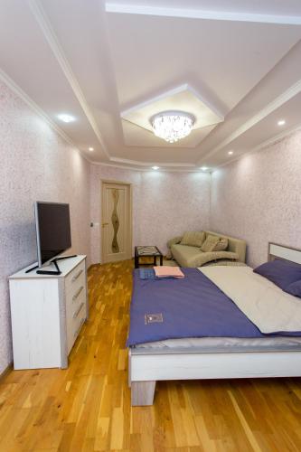 1 dormitorio con 1 cama grande y TV en Центр. Хмельницького. 2 спальні, en Ternopilʼ