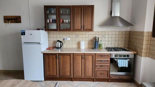 - une cuisine avec des placards en bois et un réfrigérateur blanc dans l'établissement Apartmán č1 Bojnice 450m od centra, à Bojnice