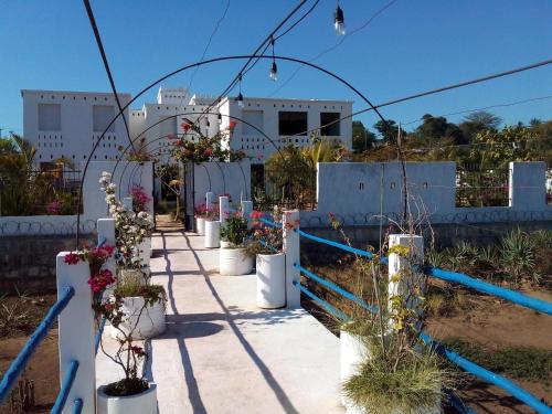 a pathway with potted plants and a fence at Cytyz Appart Hôtel in Mahajanga