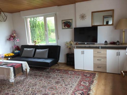 a living room with a couch and a flat screen tv at kleines Ostfriesenhaus mitten im Grünen, Mindestaufenthalt 3 Tage, bitte vorher anfragen in Osteel