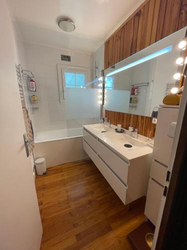 une salle de bain avec un lavabo, une baignoire et un miroir dans l'établissement Large Riverside Chalet Near Gorges du Verdon, à La Bastide