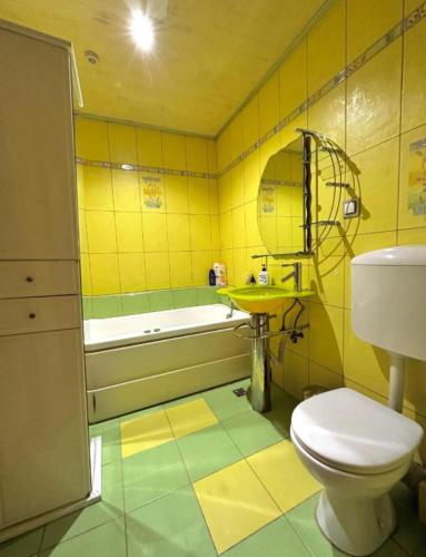 卡蘭塞貝什的住宿－Harmony Caransebes，浴室配有卫生间、浴缸和水槽。