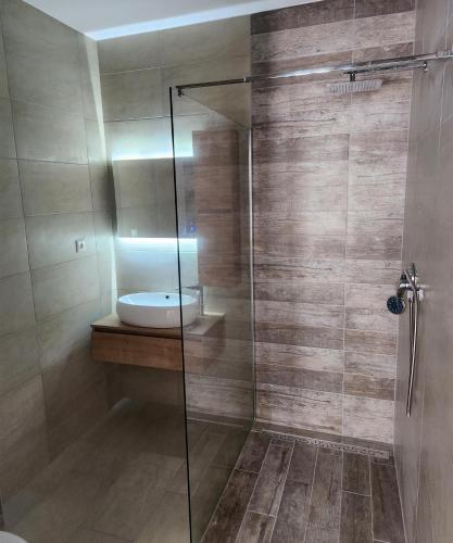 a bathroom with a glass shower with a sink at Apartman Lidija in Starigrad