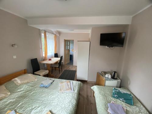 ein Hotelzimmer mit 2 Betten und einem TV in der Unterkunft Wynajem Pokoi gościnnych Jaś i Małgosia in Zakopane
