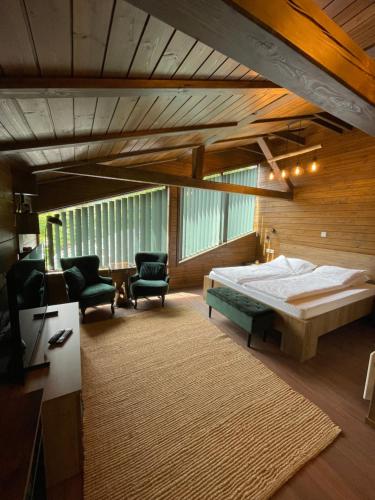 Sub Cetate的住宿－赫福澤旅館，一间卧室配有一张床、两把椅子和一张桌子
